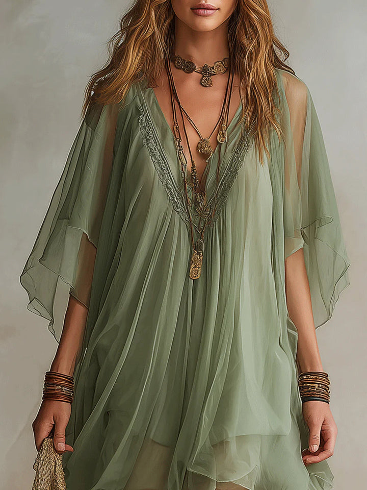Olive embroidered V-neck mini dress with draped chiffon sleeves