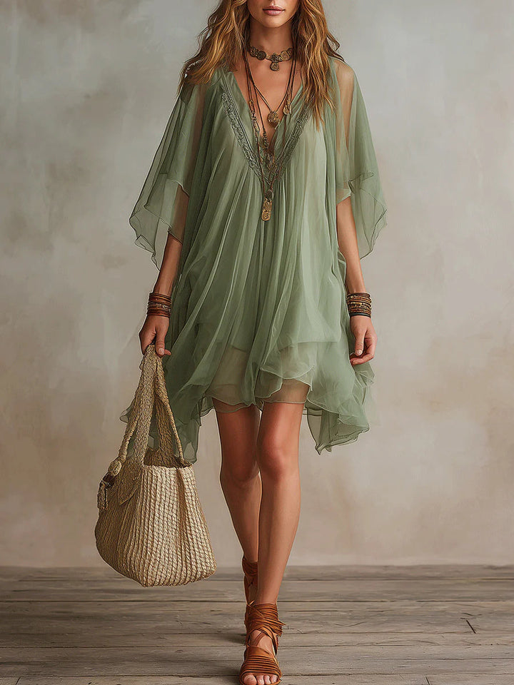 Olive layered mini dress with V-neck embroidery and flowy sheer sleeves