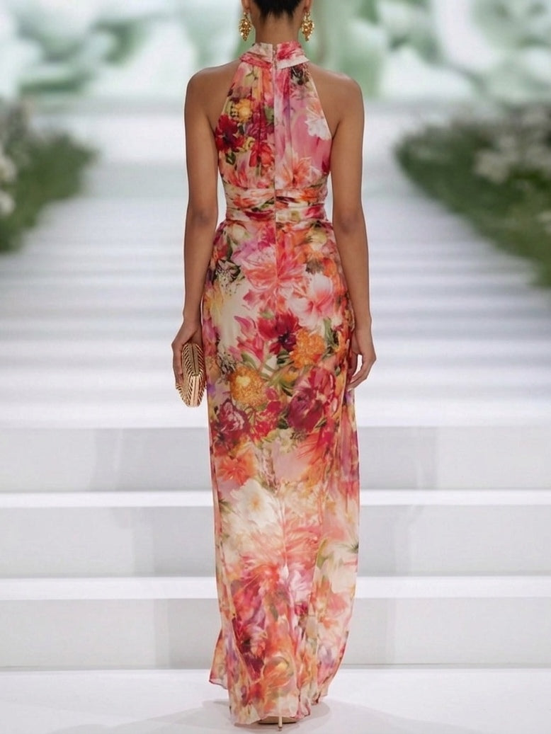 Floral halter maxi dress in pink, sleeveless with gathered neck tie