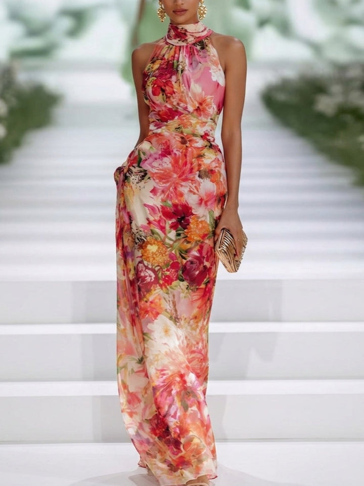 Floral halter maxi dress with sleeveless high neck and fitted waist