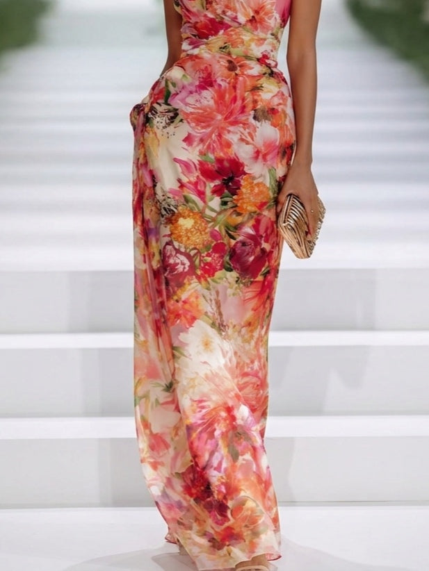 Floral maxi dress with sleeveless halter neck and long column silhouette