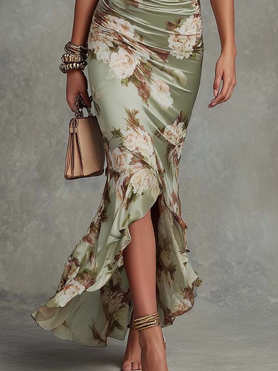 Sage green floral maxi dress with asymmetrical ruffled hem and high front slit