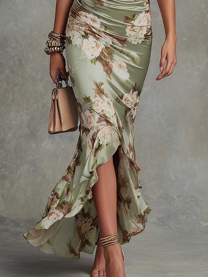Sage green floral maxi dress with asymmetrical ruffled hem and high front slit