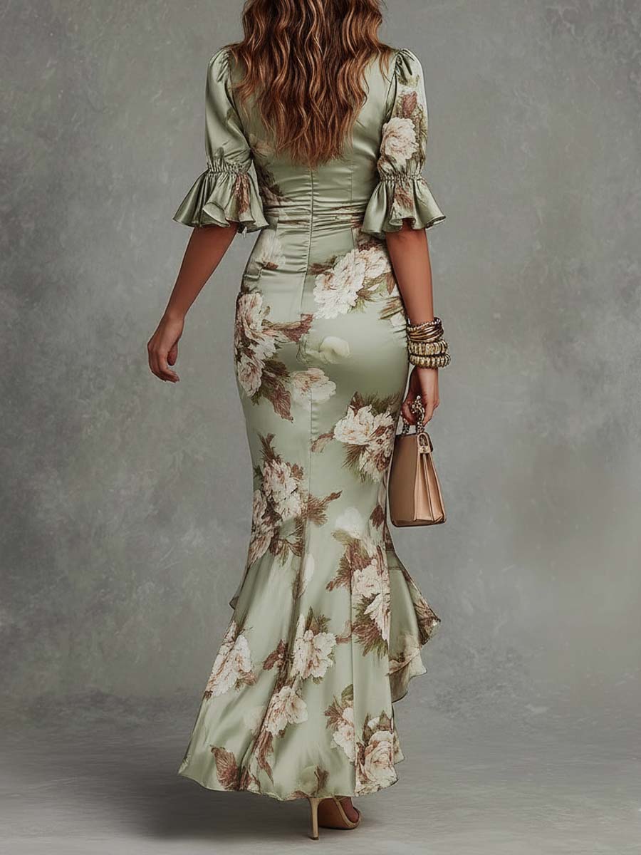 Floral maxi dress in sage green with ruffled sleeves and ruched bodice, mermaid hem