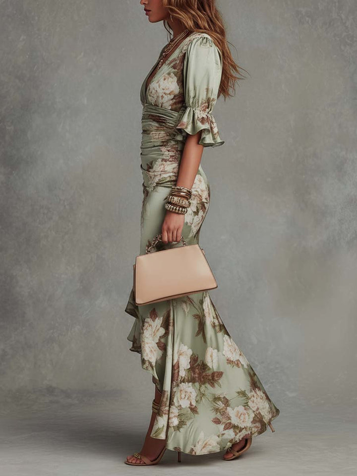Sage green floral maxi dress with ruched waist, V-neck, flutter sleeves and side slit