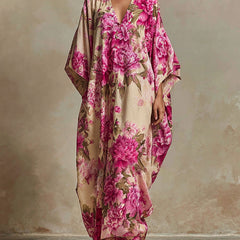 Floral maxi dress in cream with pink blooms, V-neck, cape sleeves, ankle length