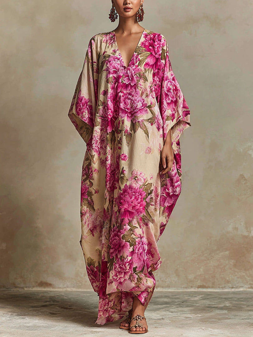 Floral maxi dress in cream with pink blooms, V-neck, cape sleeves, ankle length