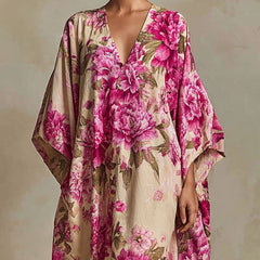 Floral maxi dress in cream with vivid pink flowers, deep V-neck, draped sleeves
