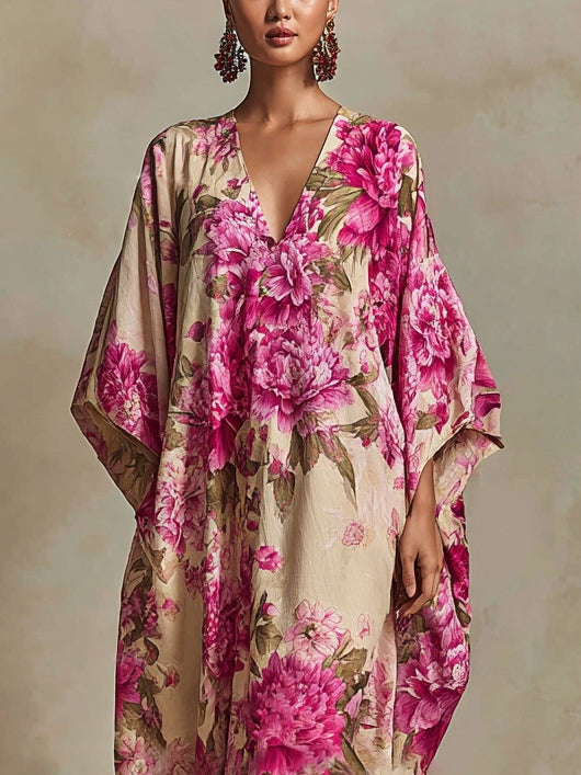 Floral maxi dress in cream with vivid pink flowers, deep V-neck, draped sleeves