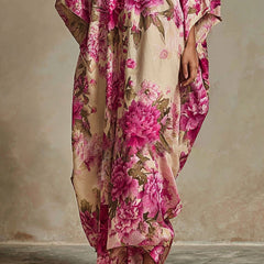 Floral maxi dress in cream with pink floral print, V-neck, relaxed fit, flowing hem