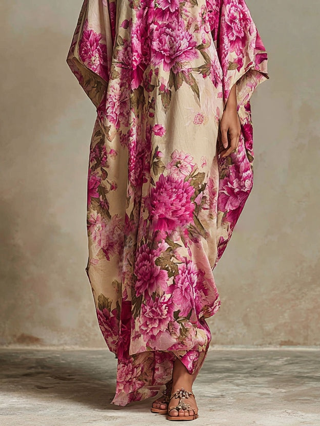 Floral maxi dress in cream with pink floral print, V-neck, relaxed fit, flowing hem