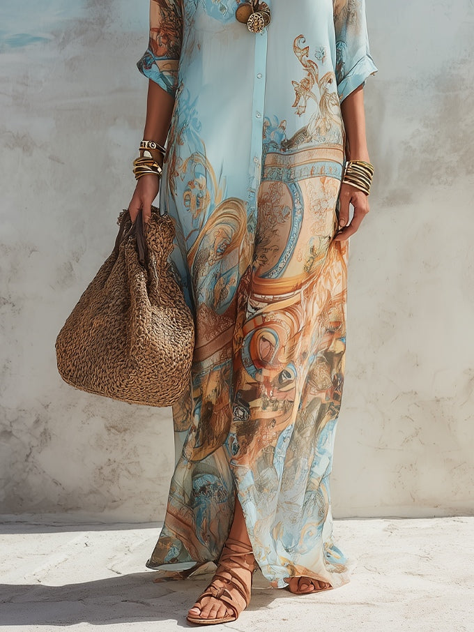 Light blue maxi dress with baroque print, side slit hem, button-front, 3/4 sleeves