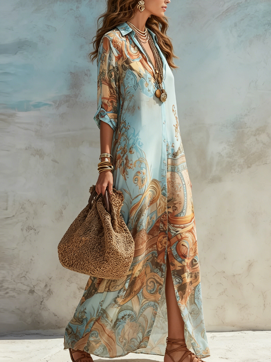 Light blue maxi dress with baroque swirl print, side slit, 3/4 sleeves, V neckline