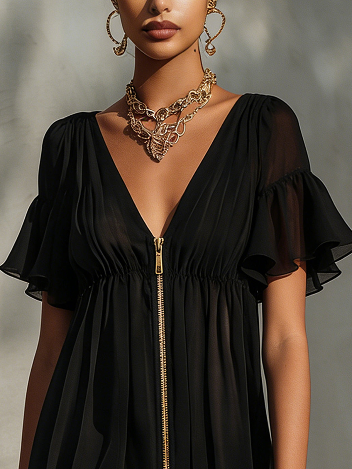 Black V-neck mini dress with gold front zipper and lace trim hem