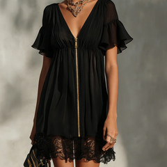 Black lace-trim mini dress with V-neck, short flutter sleeves, gold zipper and gathered waist