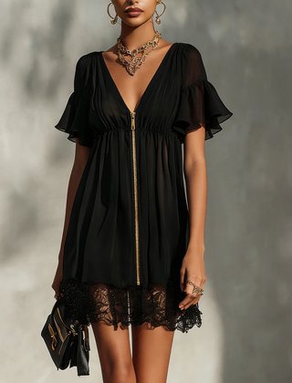 Black lace-trim mini dress with V-neck, short flutter sleeves, gold zipper and gathered waist