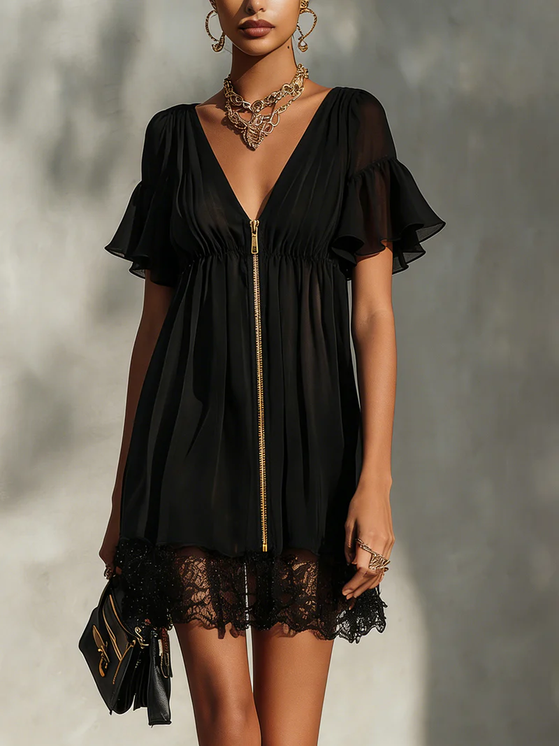 Black lace-trim mini dress with V-neck, short flutter sleeves, gold zipper and gathered waist