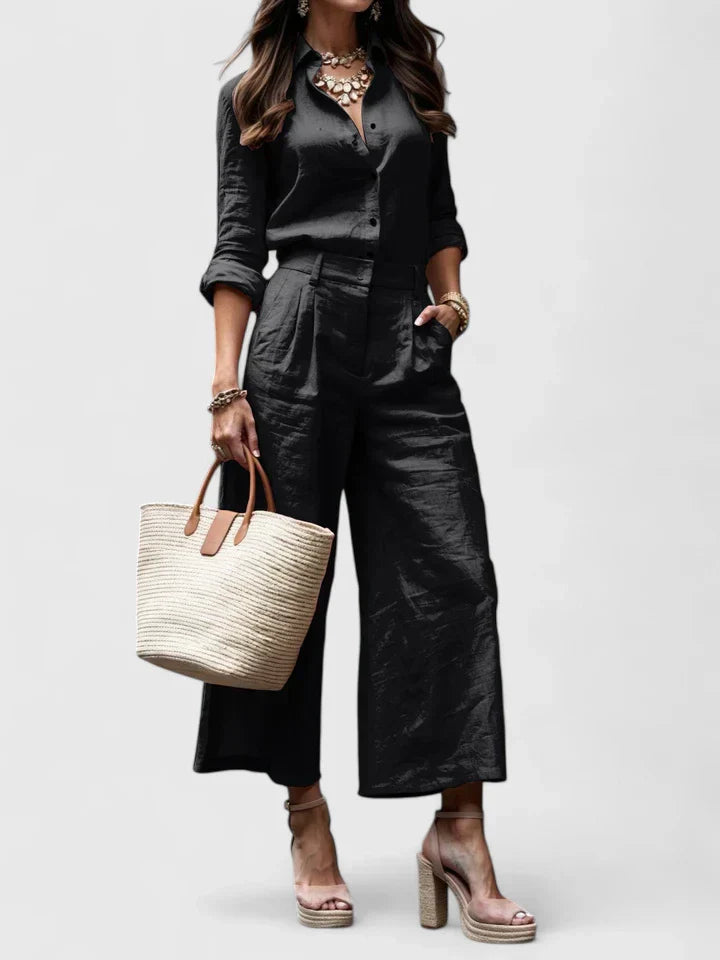 Black long-sleeve button-front blouse and wide-leg pants two-piece set