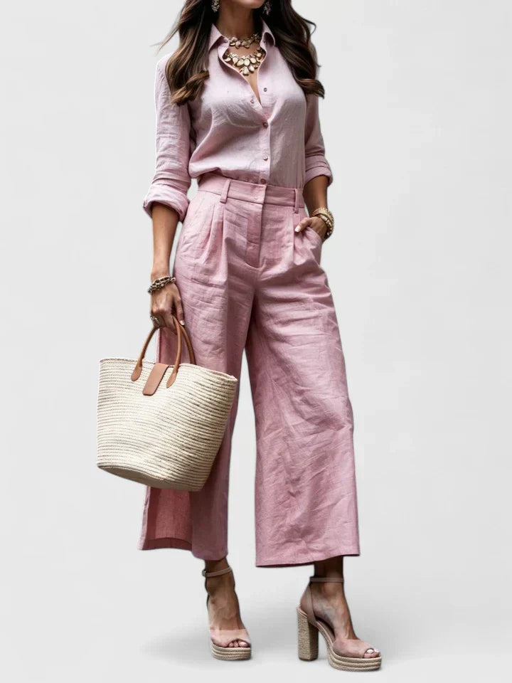 Pink long-sleeve button-front blouse and wide-leg pants two-piece set