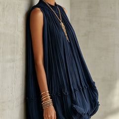 Navy chiffon halter mini dress, pleated body and tiered ruffle skirt