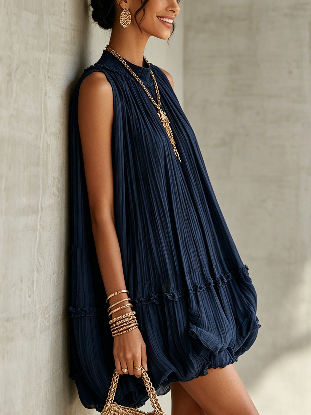 Navy chiffon halter mini dress, pleated body and tiered ruffle skirt