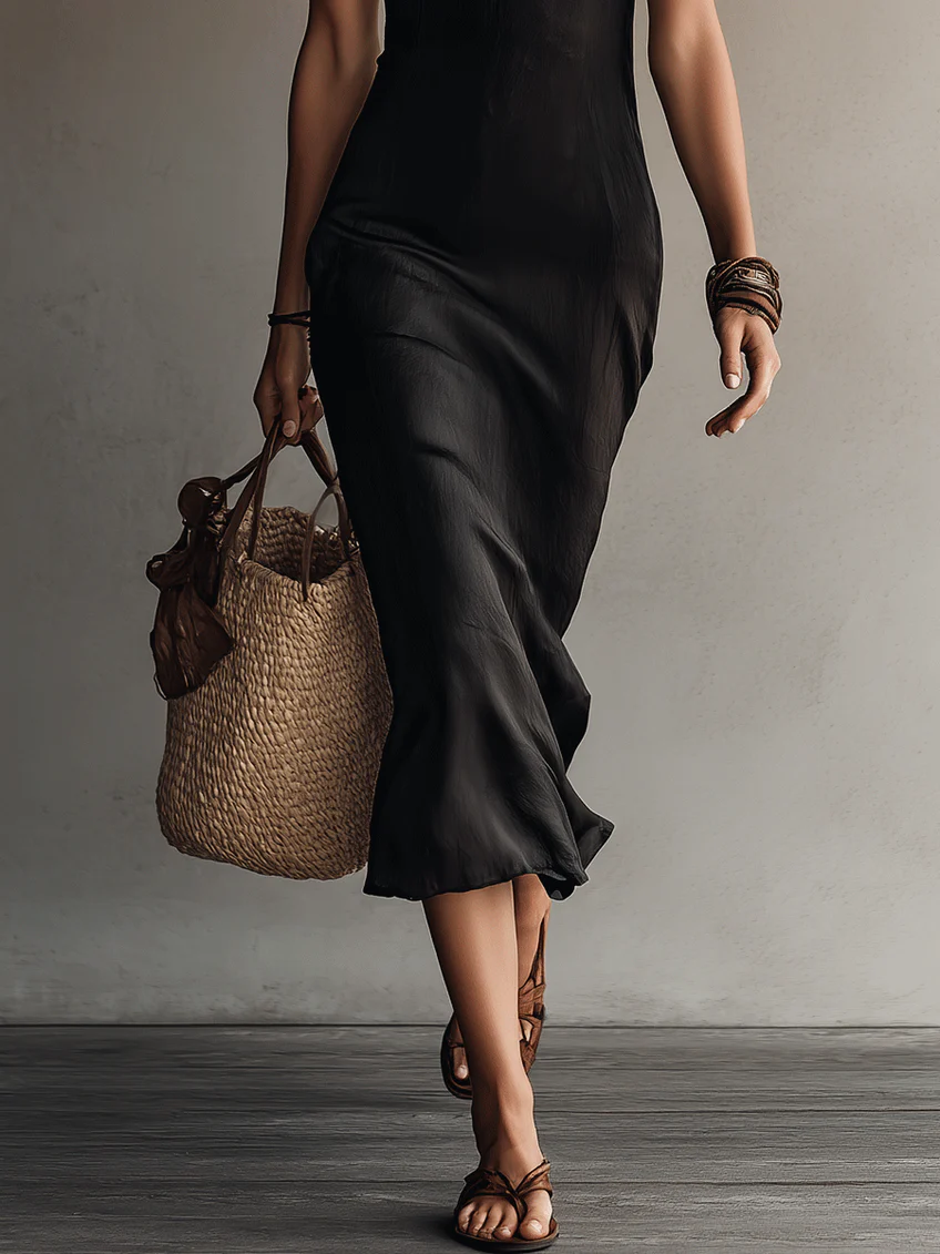 Dark midi dress with draped skirt and lace-trim V front, close view of hem