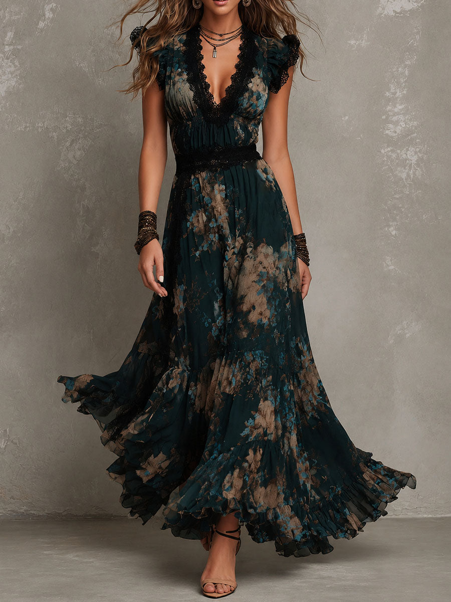 Dark green botanical lace maxi dress, V lace neckline, cap sleeves, tiered skirt