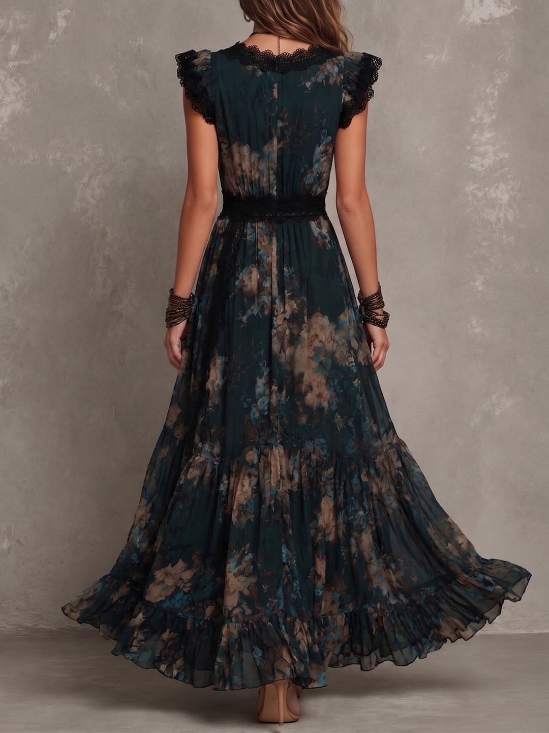 Dark green botanical lace maxi dress, open back with lace trim, tiered skirt