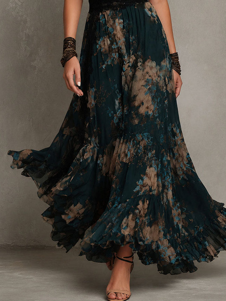 Dark green botanical lace maxi dress skirt detail, floral print and layered ruffles