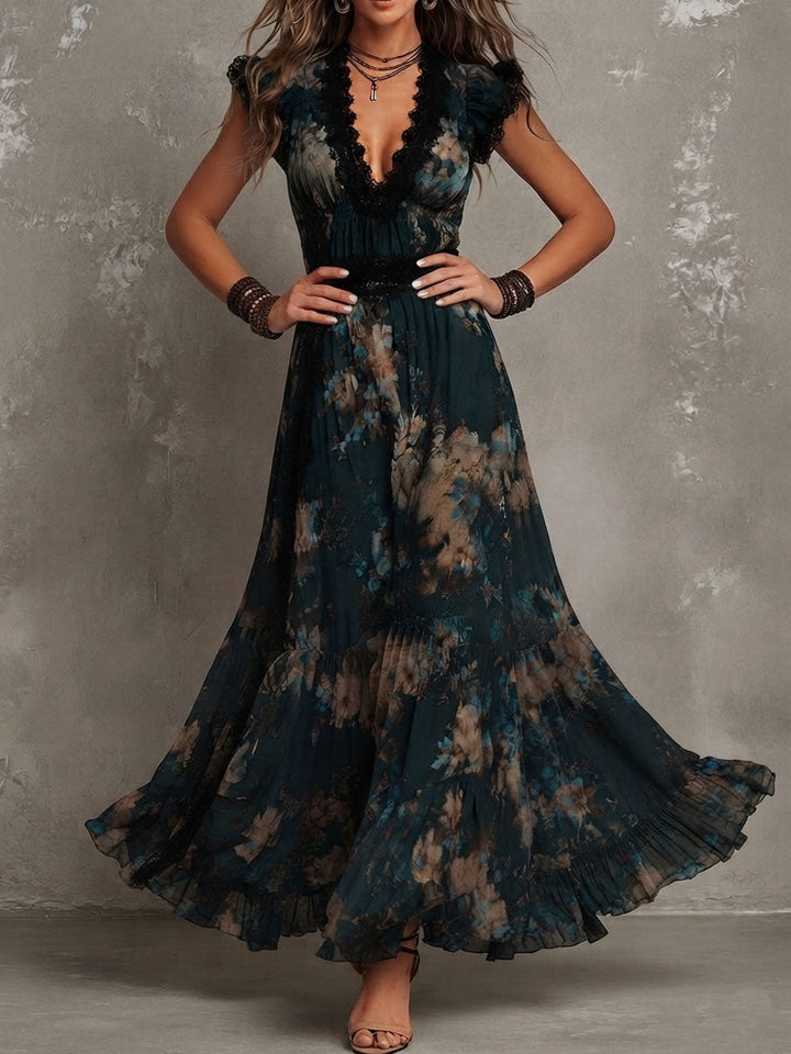 Dark green botanical lace maxi dress with V lace neckline and tiered A-line skirt