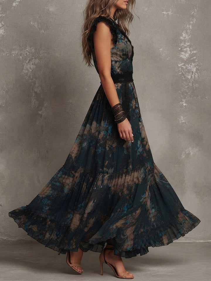 Dark green botanical lace maxi dress side view, V lace neckline and tiered skirt