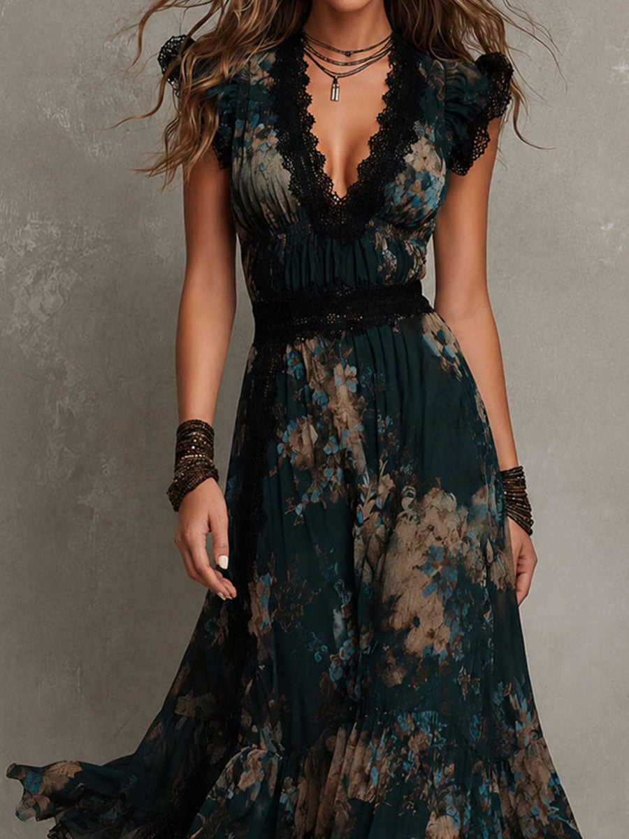 Dark green botanical lace maxi dress bodice, V lace neckline and fitted waist