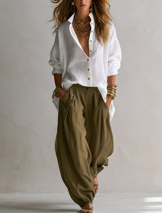 Two-piece linen set: white button-up blouse with gold buttons and olive relaxed pants