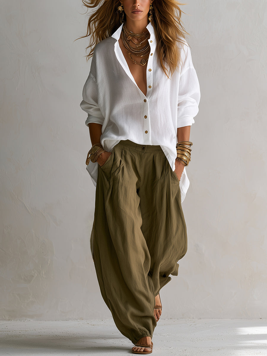 Two-piece linen set: white button-up blouse with gold buttons and olive relaxed pants