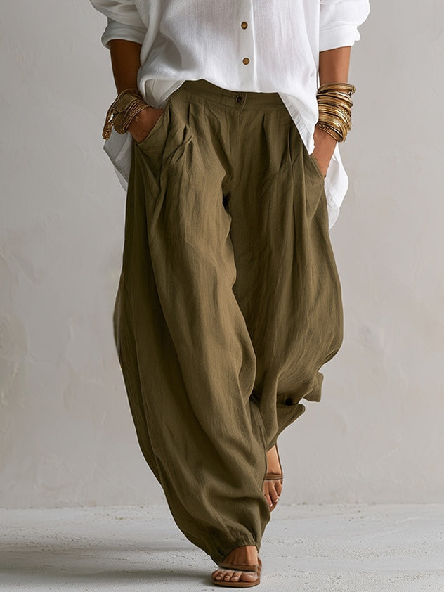 Two-piece linen set: olive drawstring pants with patch pockets and white button-up blouse