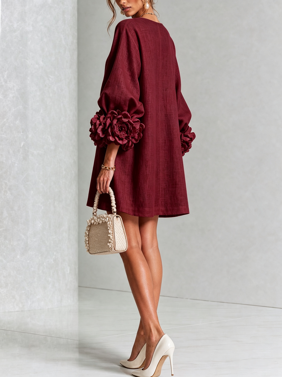 Burgundy button-down mini dress, back/side view, with vertical button placket