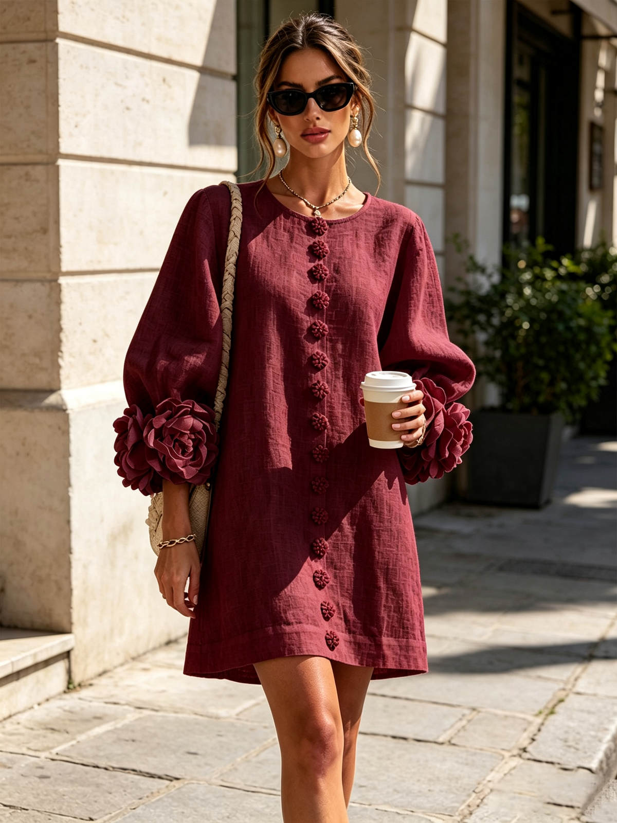 Burgundy button-down mini dress with vertical buttons and rose-like sleeve accents
