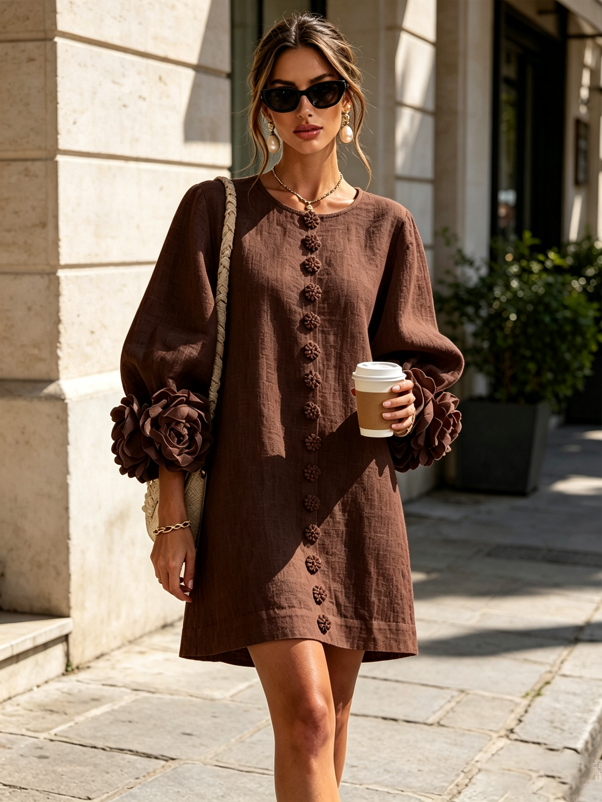 Dark brown button-down mini dress with long sleeves, embroidered button front, and rosette cuffs