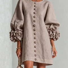 Mushroom taupe button-down mini dress with vertical button placket and ruffled sleeve flowers