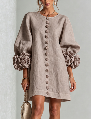 Mushroom taupe button-down mini dress with vertical button placket and ruffled sleeve flowers