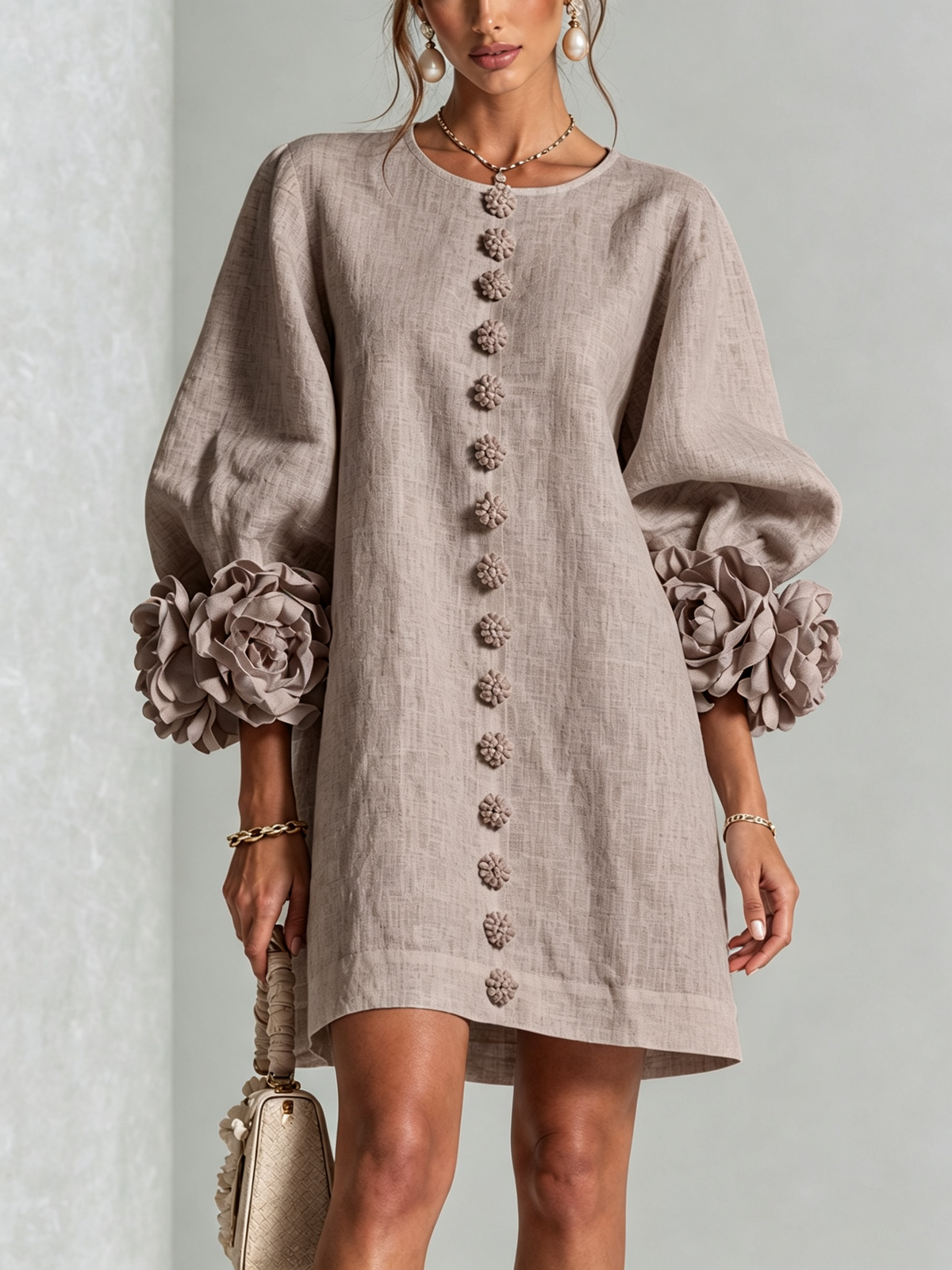 Mushroom taupe button-down mini dress with vertical button placket and ruffled sleeve flowers