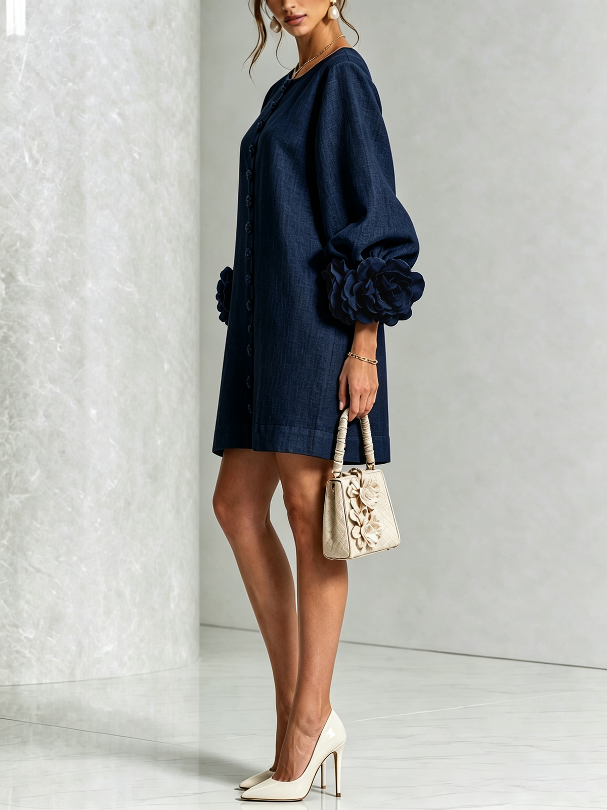 Navy button-down mini dress with side view, vertical buttons, and rosette puff sleeves