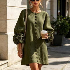 Olive button-down mini dress with rosette cuff sleeves and vertical gold button placket