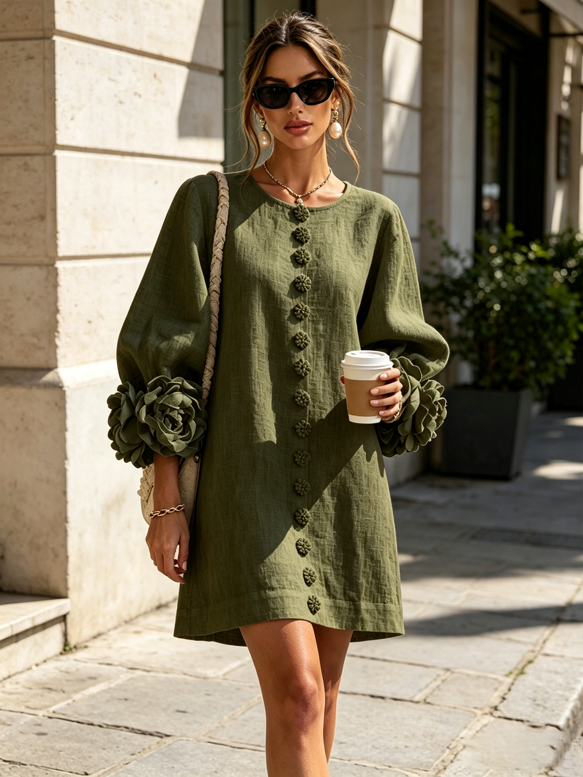 Olive button-down mini dress with rosette cuff sleeves and vertical gold button placket