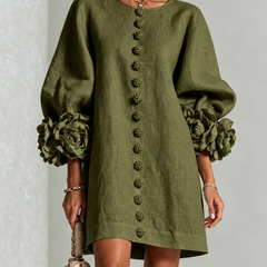 Olive button-down mini dress with vertical gold button placket and puff sleeves