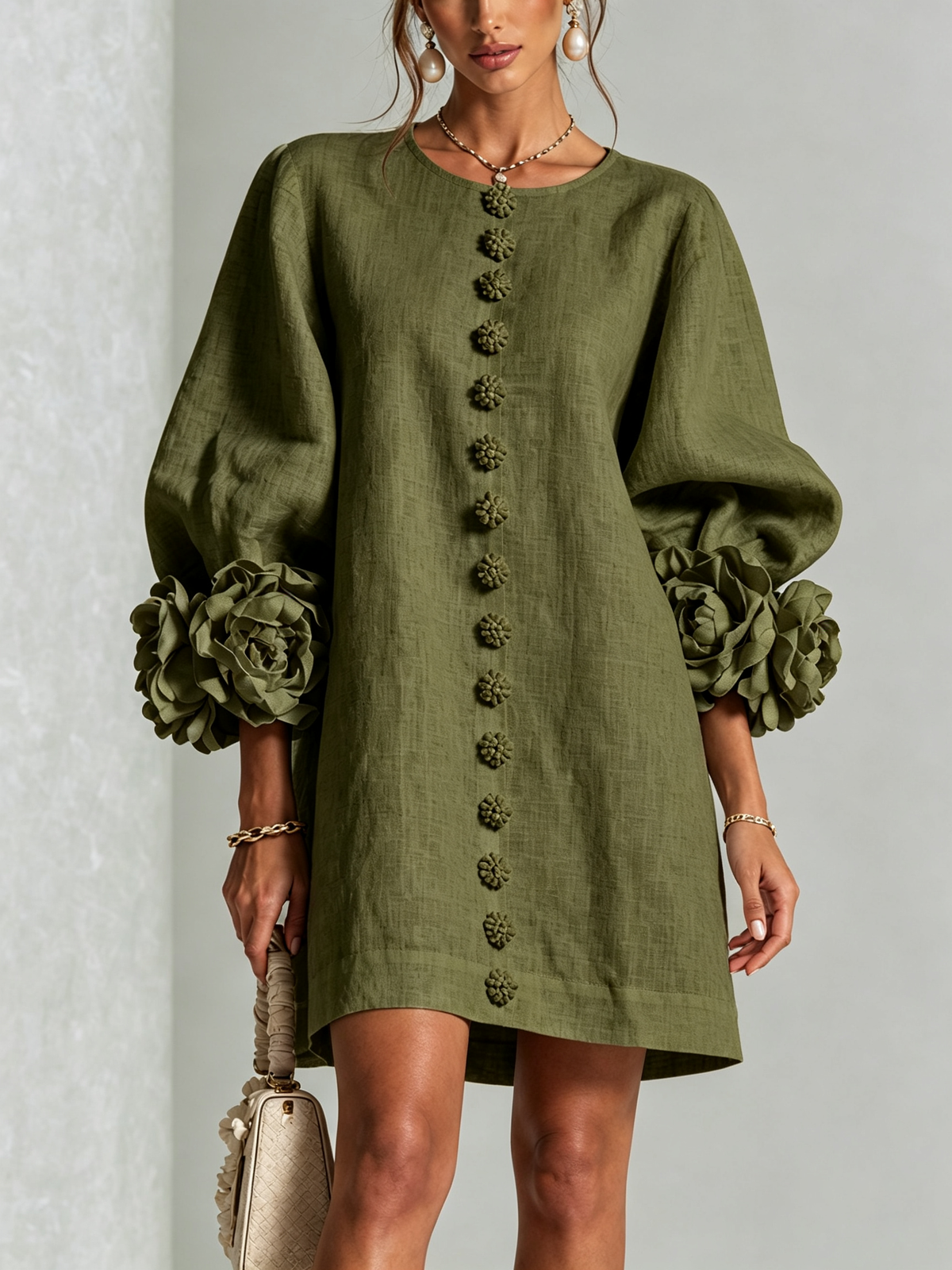 Olive button-down mini dress with vertical gold button placket and puff sleeves