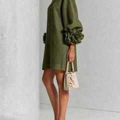 Olive mini dress with rosette puff sleeves and vertical gold button placket