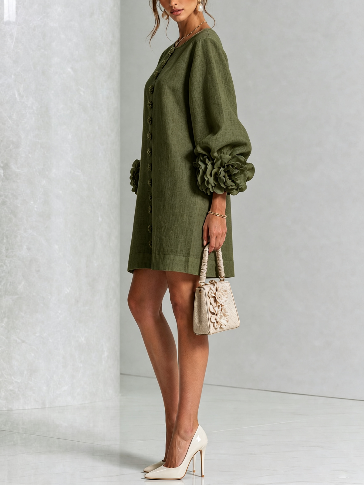Olive mini dress with rosette puff sleeves and vertical gold button placket