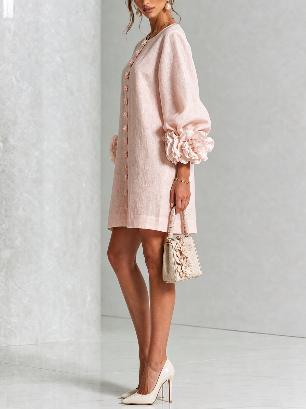 Blush pink button-down mini dress with button detail and rosette puff sleeves on side view