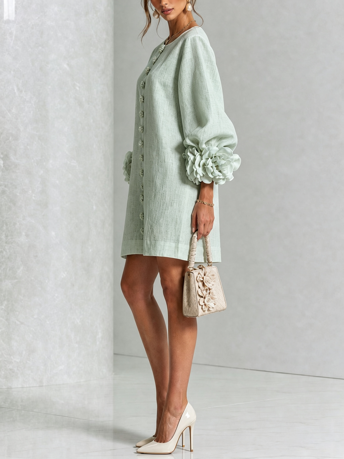 Sage green button-down mini dress, side view, with vertical buttons and puff sleeves